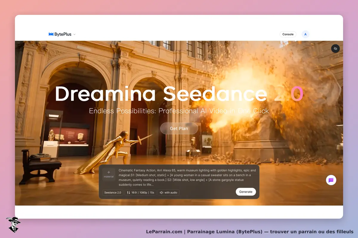 Lumina (BytePlus) : bytePlus : page d'accueil présentant Dreamina Seedance 2.0 avec images et