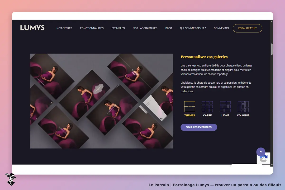 Lumys : page d'accueil présentant des galeries photos personnalisables et des exemples de thèmes