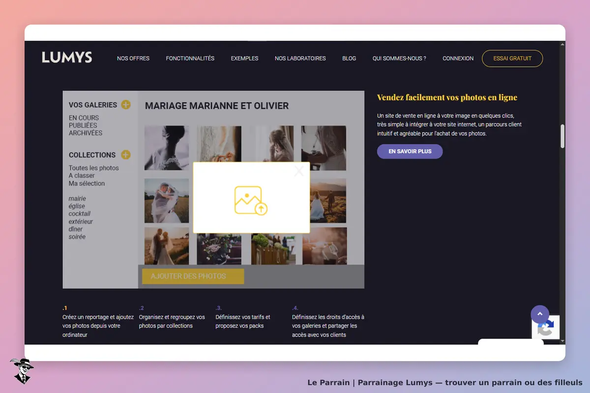 Lumys : page d'accueil avec galeries de photos et options pour ajouter des images