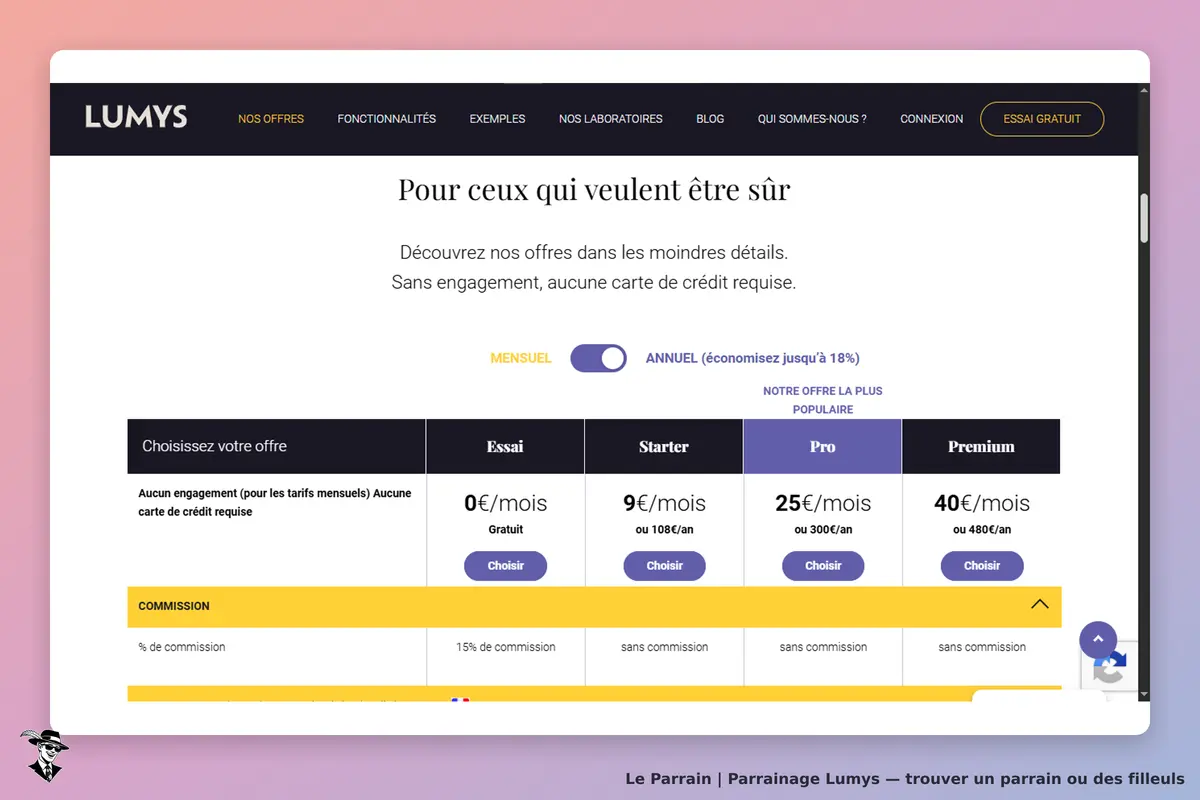 Lumys : page d'accueil présentant différentes offres et options de tarification