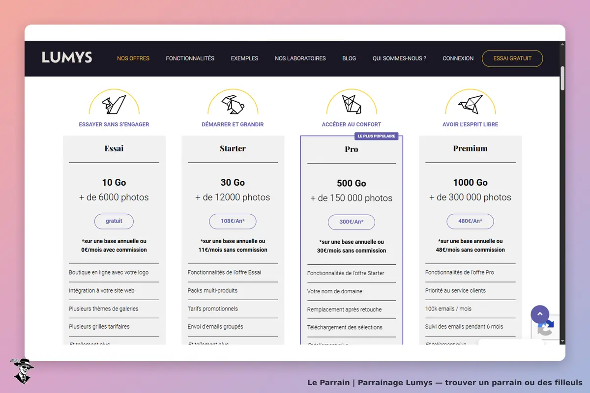 Lumys : page d'accueil présentant quatre offres avec capacités de stockage et fonctionnalités