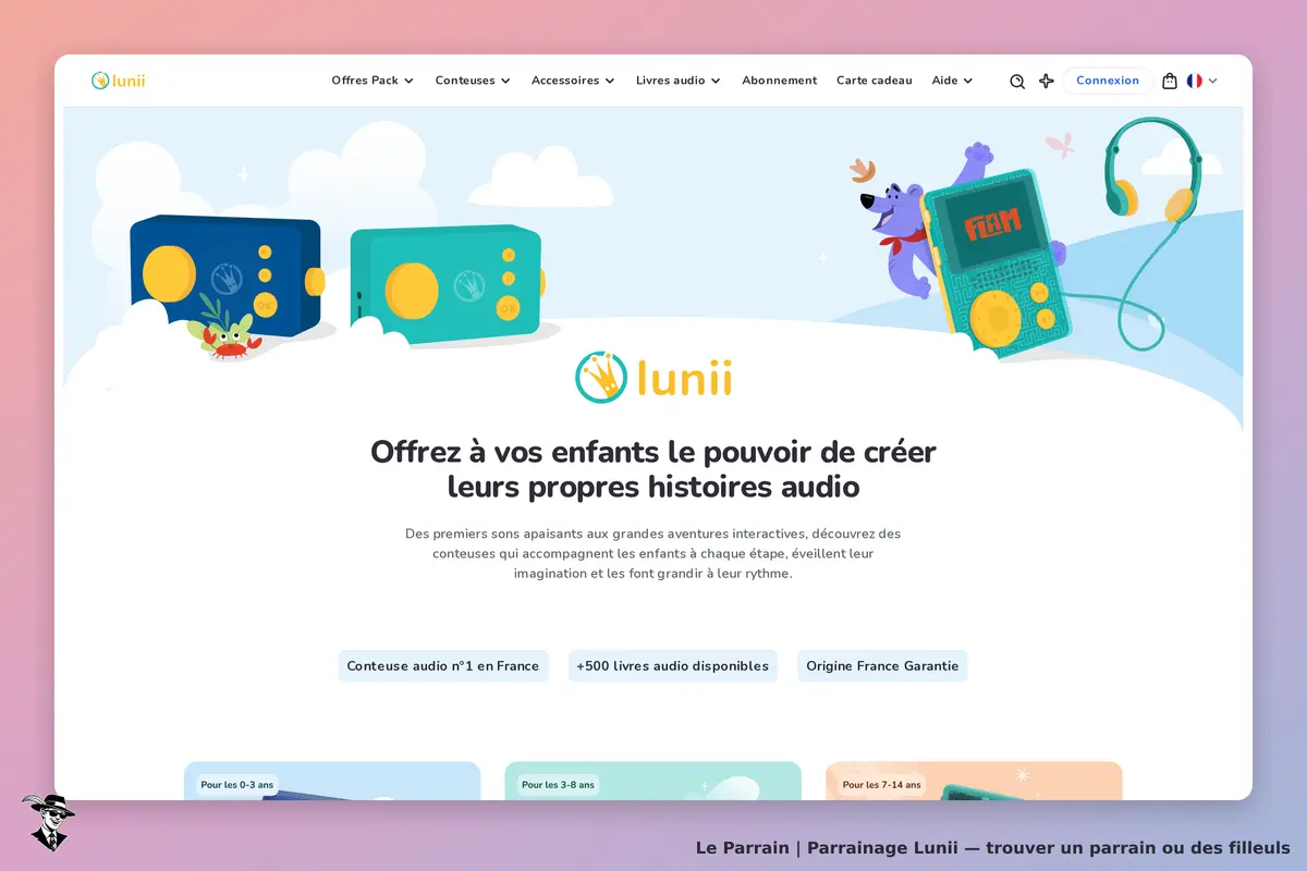 Lunii : page d'accueil présentant des conteneurs audio colorés et un message d'accueil engageant