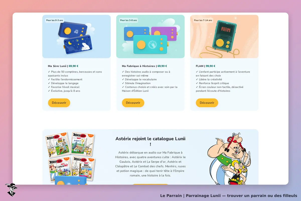 Lunii : page d'accueil avec produits audio pour enfants et présentation d'Astérix dans le catalogue