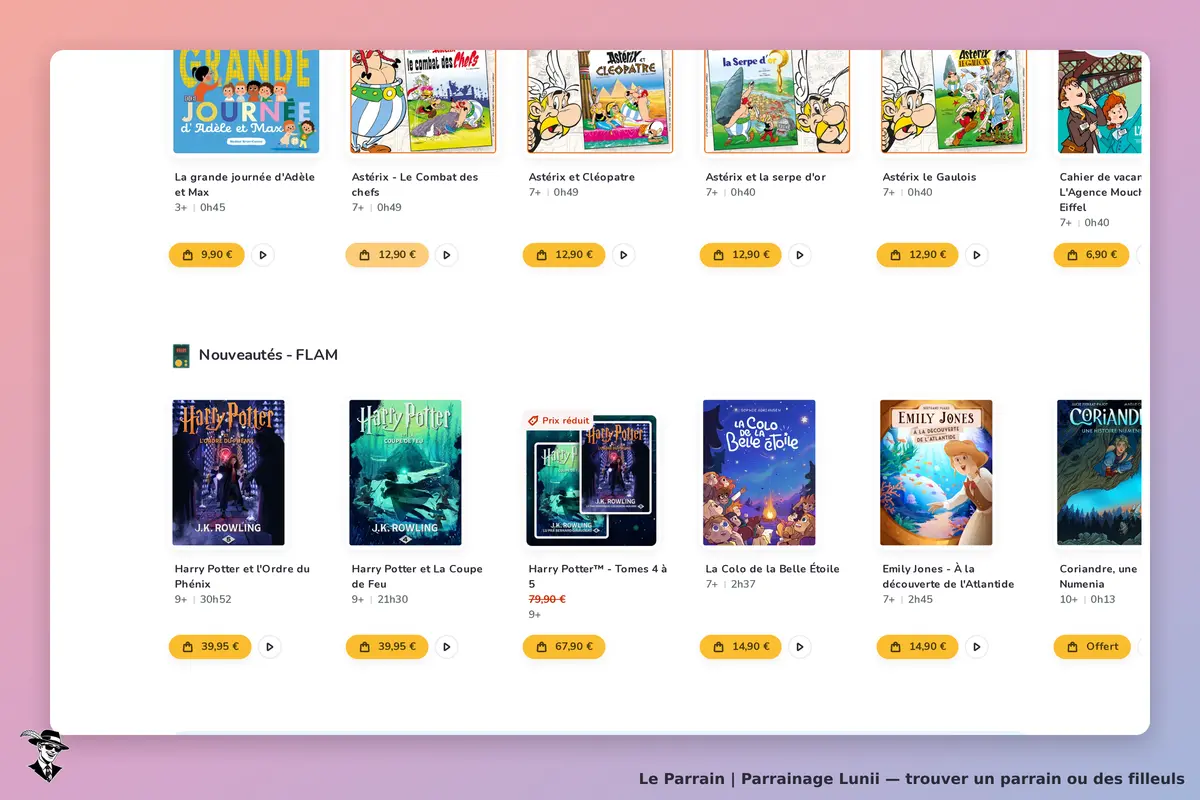 Lunii : page d'accueil avec des livres audio et leurs descriptions. Section nouveautés visible