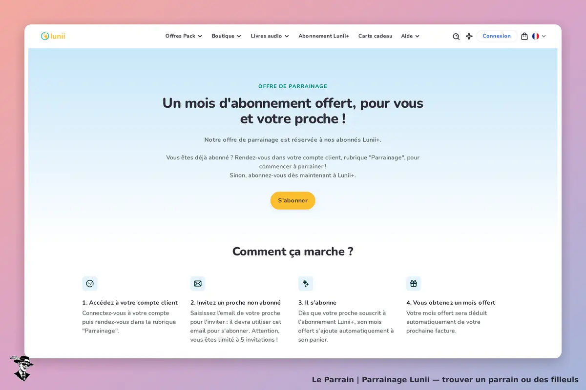 Lunii : page d'accueil présentant une offre de parrainage et ses étapes explicatives