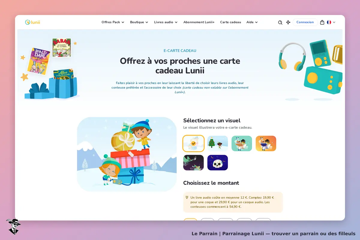 Lunii : page d'accueil avec options de carte cadeau et visuels à sélectionner
