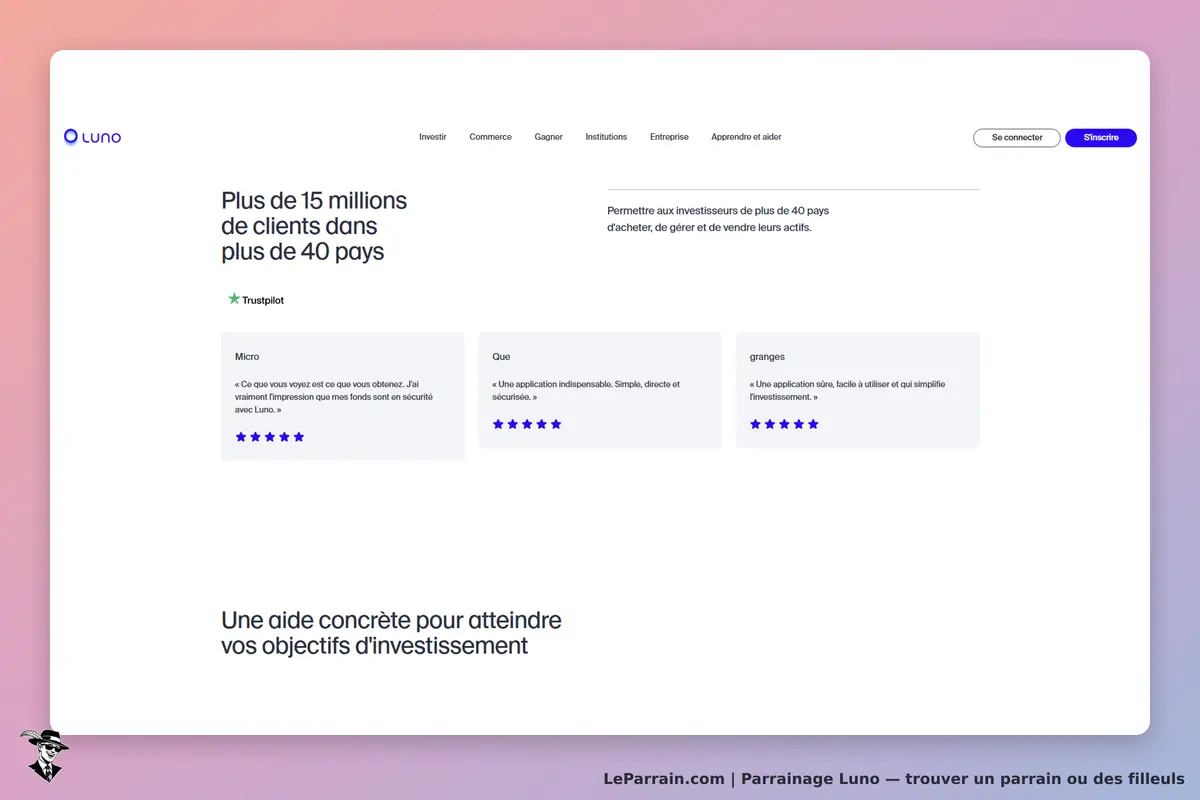 Luno : page d'accueil avec témoignages clients et note Trustpilot affichée