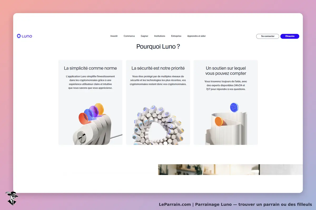 Luno : page d'accueil présentant trois sections sur la simplicité, la sécurité et le soutien