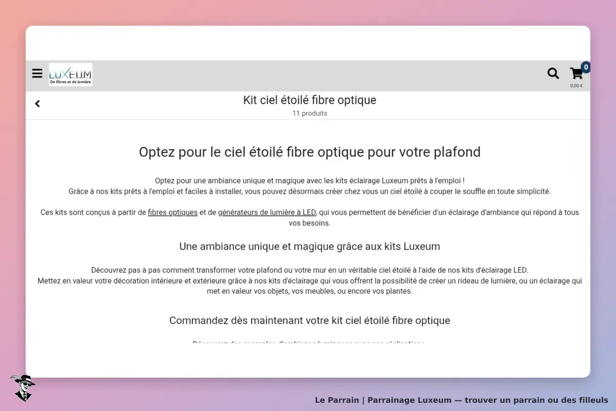 Luxeum : page présentant le kit ciel étoilé fibre optique avec description et options d'achat