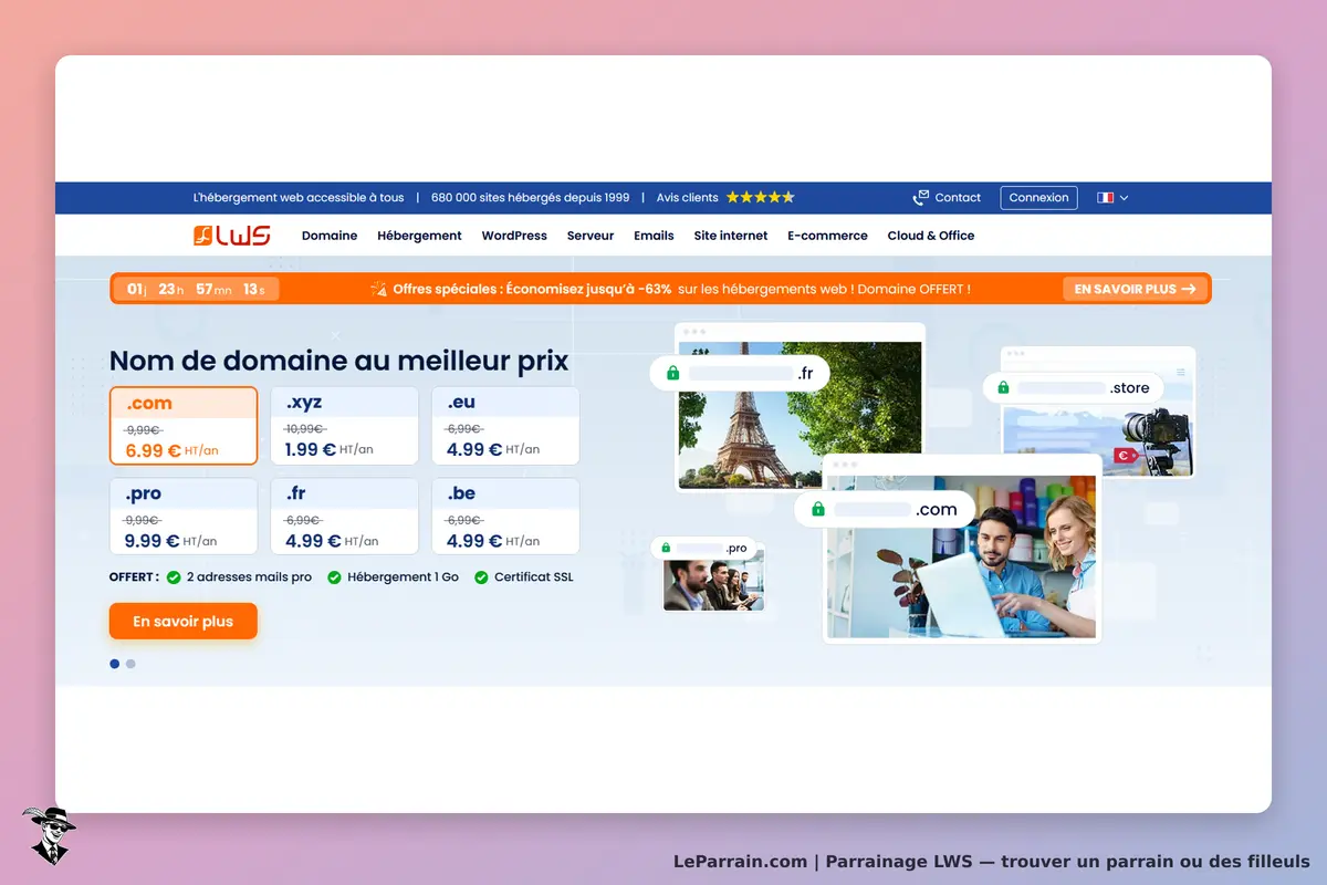 LWS : page d'accueil présentant des noms de domaine et des images de personnes utilisant des