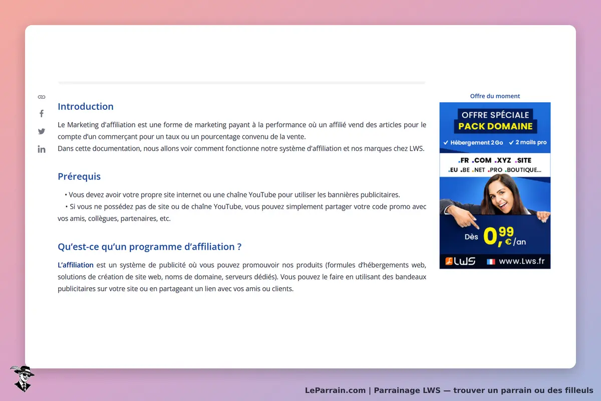 LWS : page d'introduction sur le marketing d'affiliation avec prérequis et explications