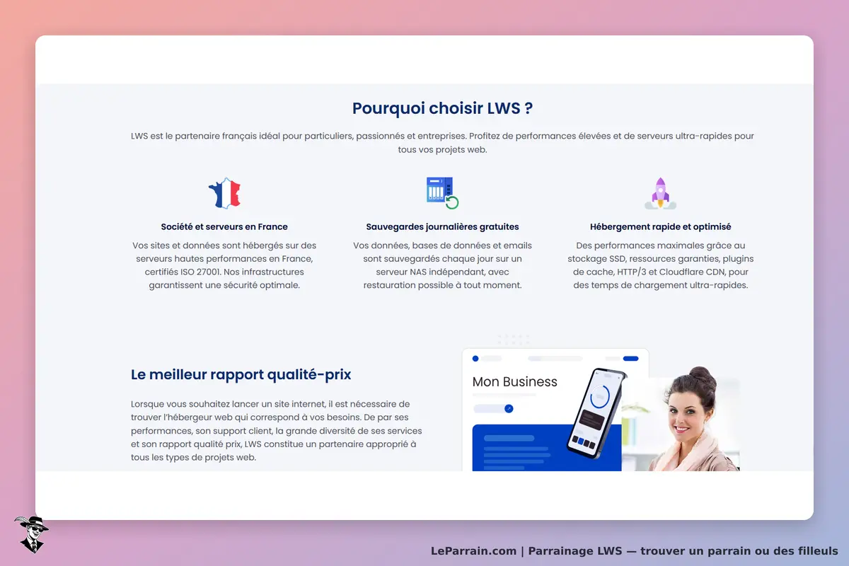 LWS : page d'accueil présentant les avantages de l'hébergement web et un visuel de smartphone