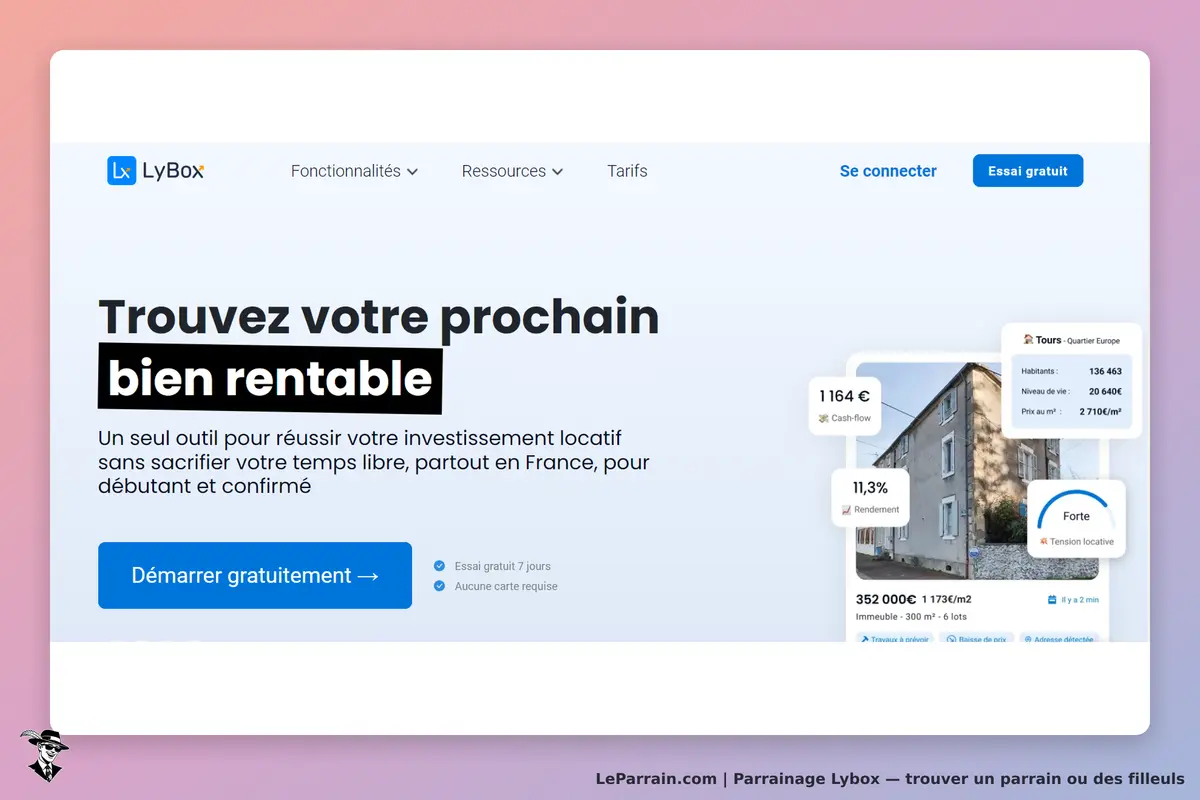 Lybox : page d'accueil avec un message sur l'investissement locatif et un bouton d'essai gratuit
