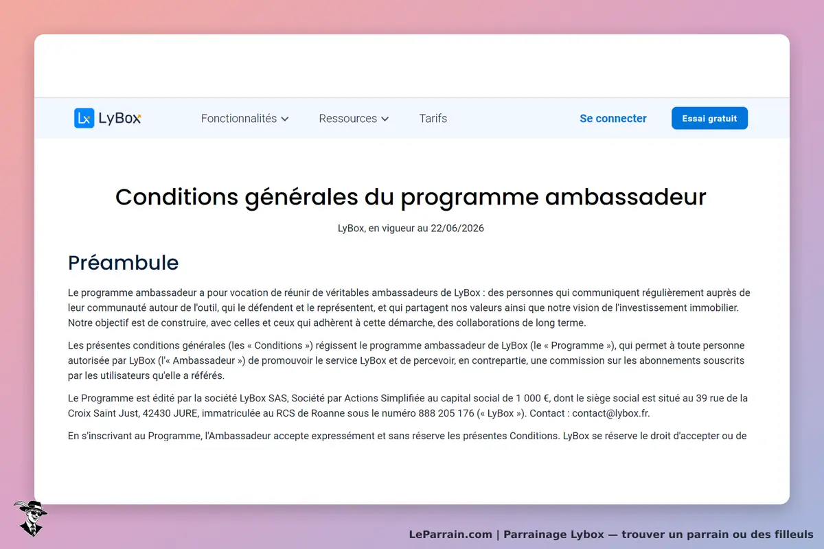 LyBox : conditions générales du programme ambassadeur sur fond dégradé avec texte explicatif