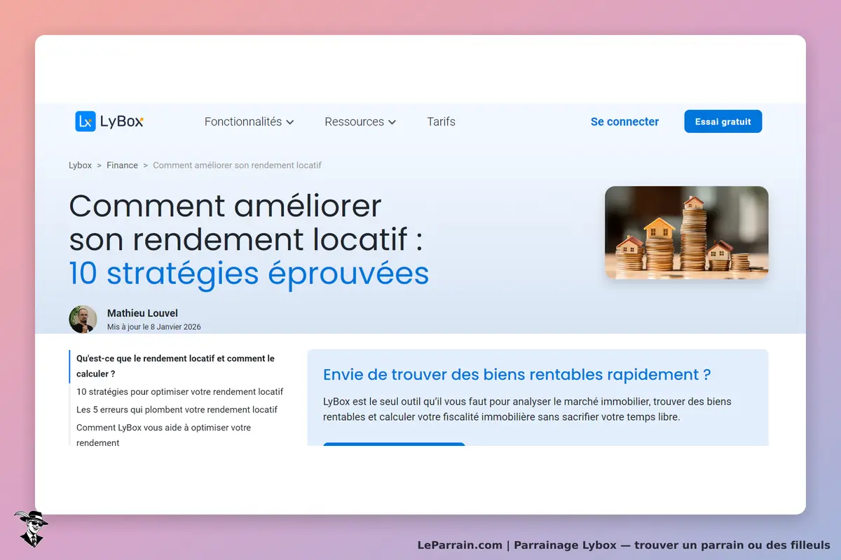 LyBox : page d'accueil avec article sur l'amélioration du rendement locatif et image de maisons