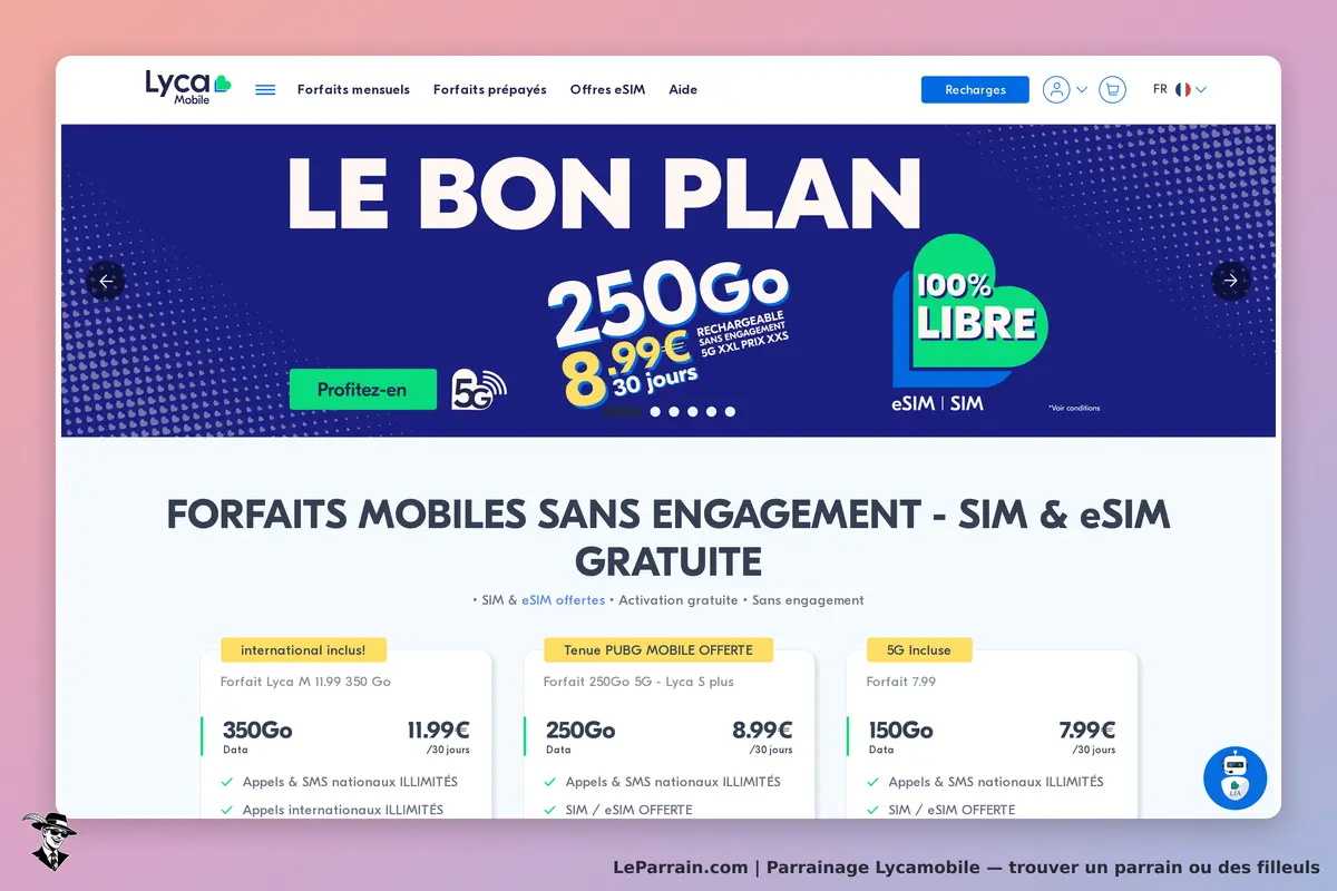 Lycamobile : page d'accueil présentant des forfaits mobiles et une promotion en haut