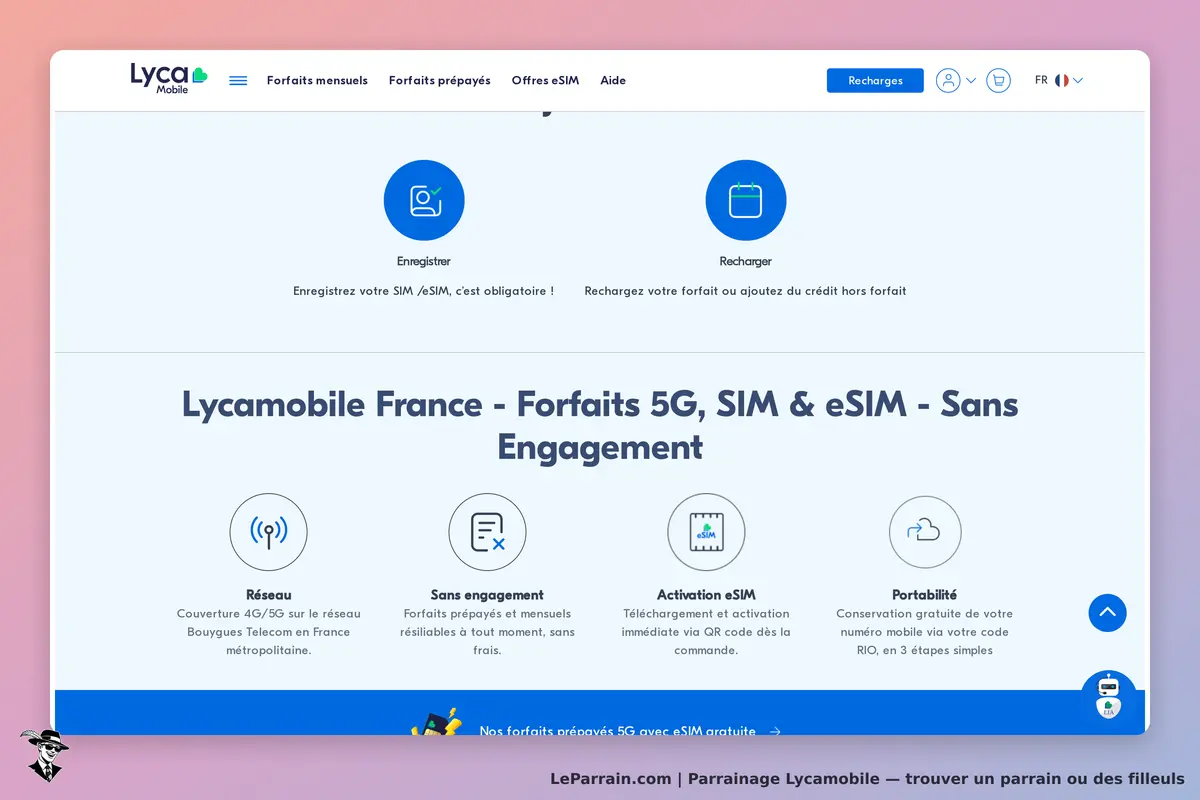 Lycamobile : page d'accueil avec options d'enregistrement et de recharge de forfaits mobiles