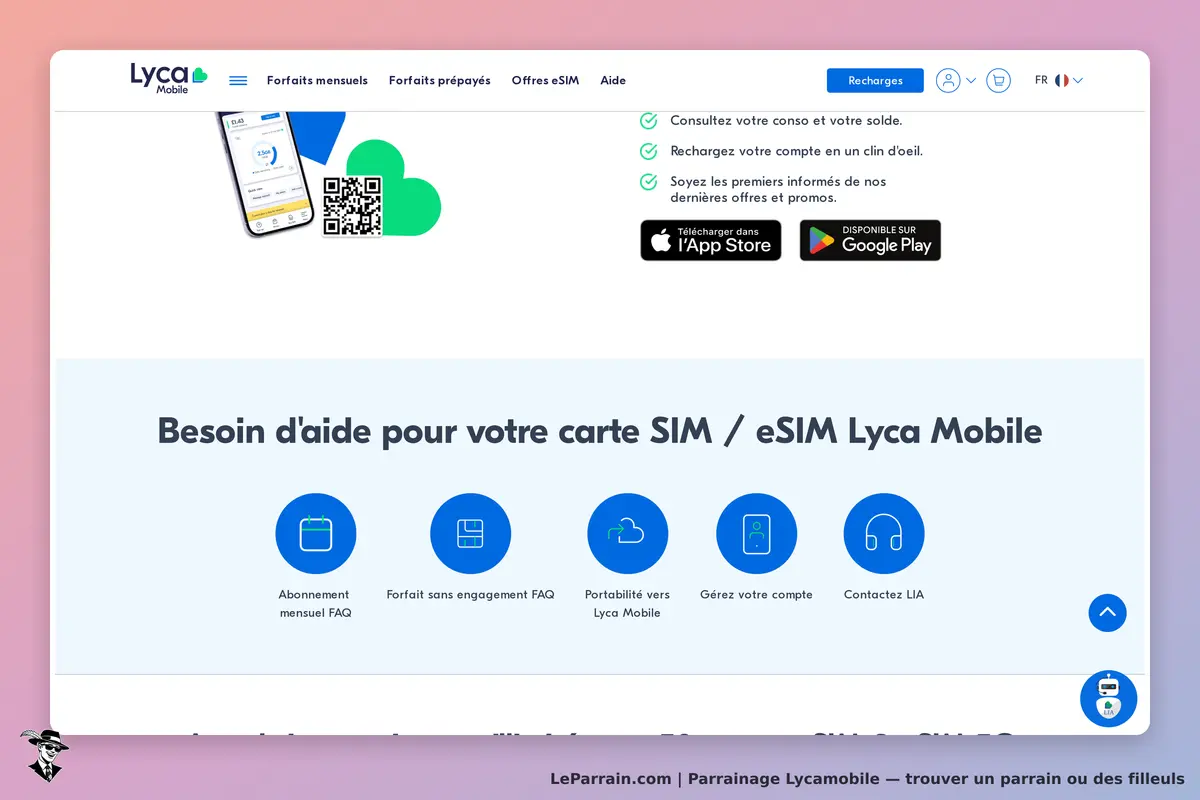 Lycamobile : page d'accueil avec options d'aide pour carte SIM et eSIM, icônes et QR code