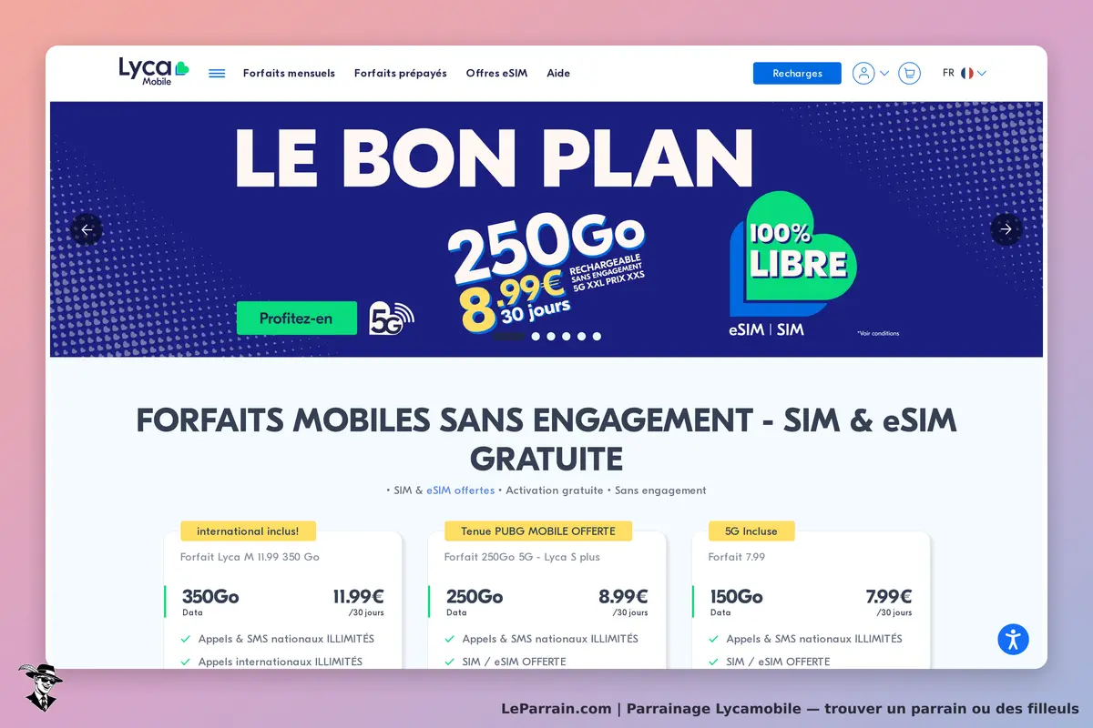 Lycamobile : page d'accueil présentant des forfaits mobiles et options eSIM