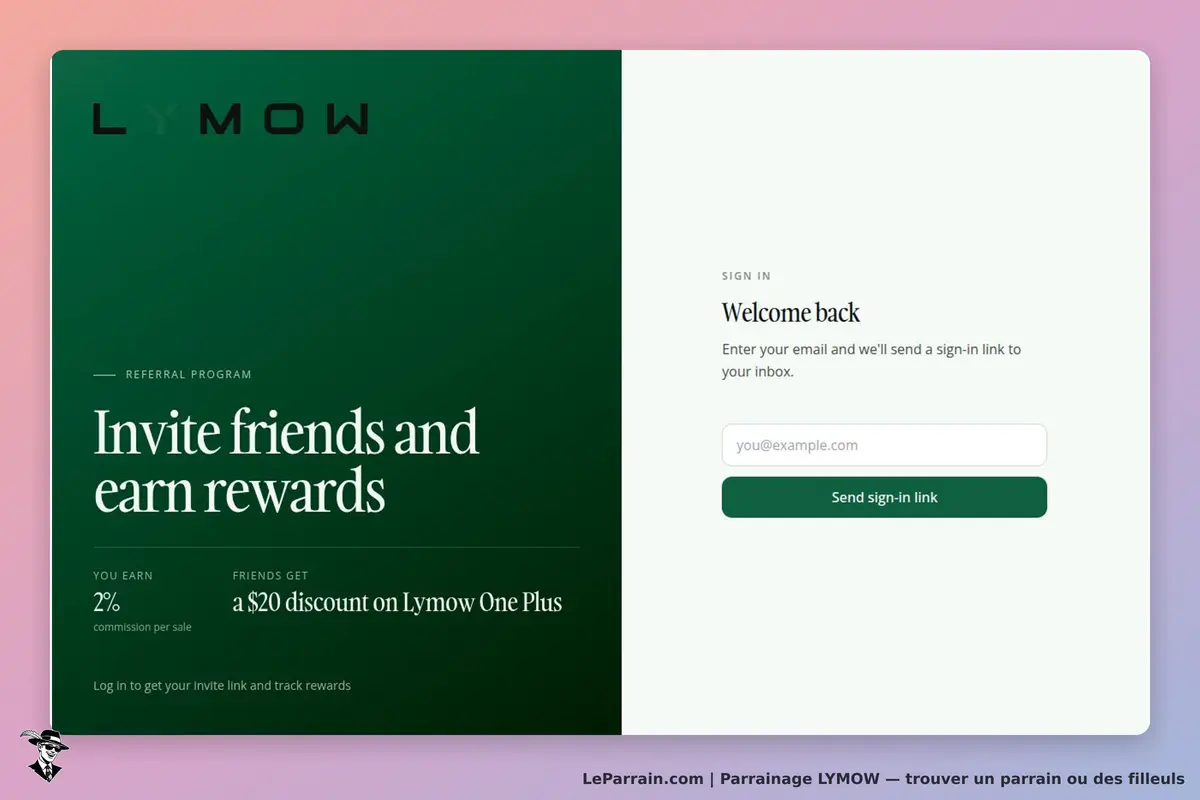 LYMOW : page d'accueil avec un programme de parrainage et un formulaire de connexion