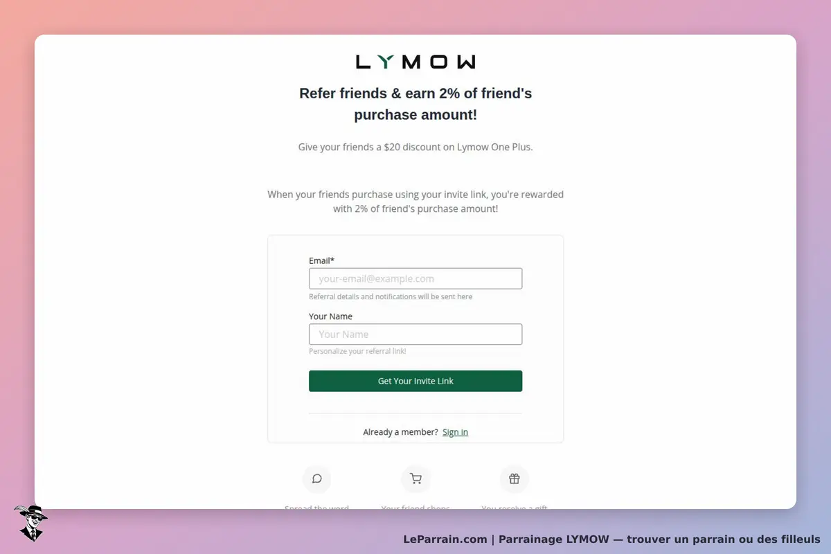 LYMOW : formulaire pour référer des amis avec champs pour email et nom. Bouton pour obtenir un lien