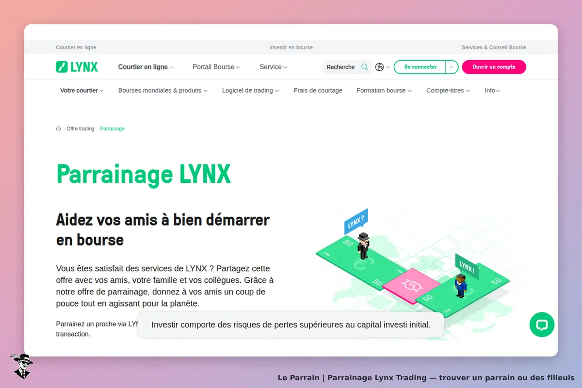 Lynx Trading : lYNX : section parrainage avec texte d'invitation et illustration graphique de