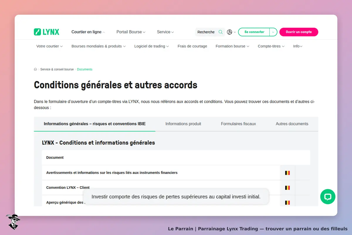 Lynx Trading : lYNX : page des conditions générales et autres accords avec un tableau