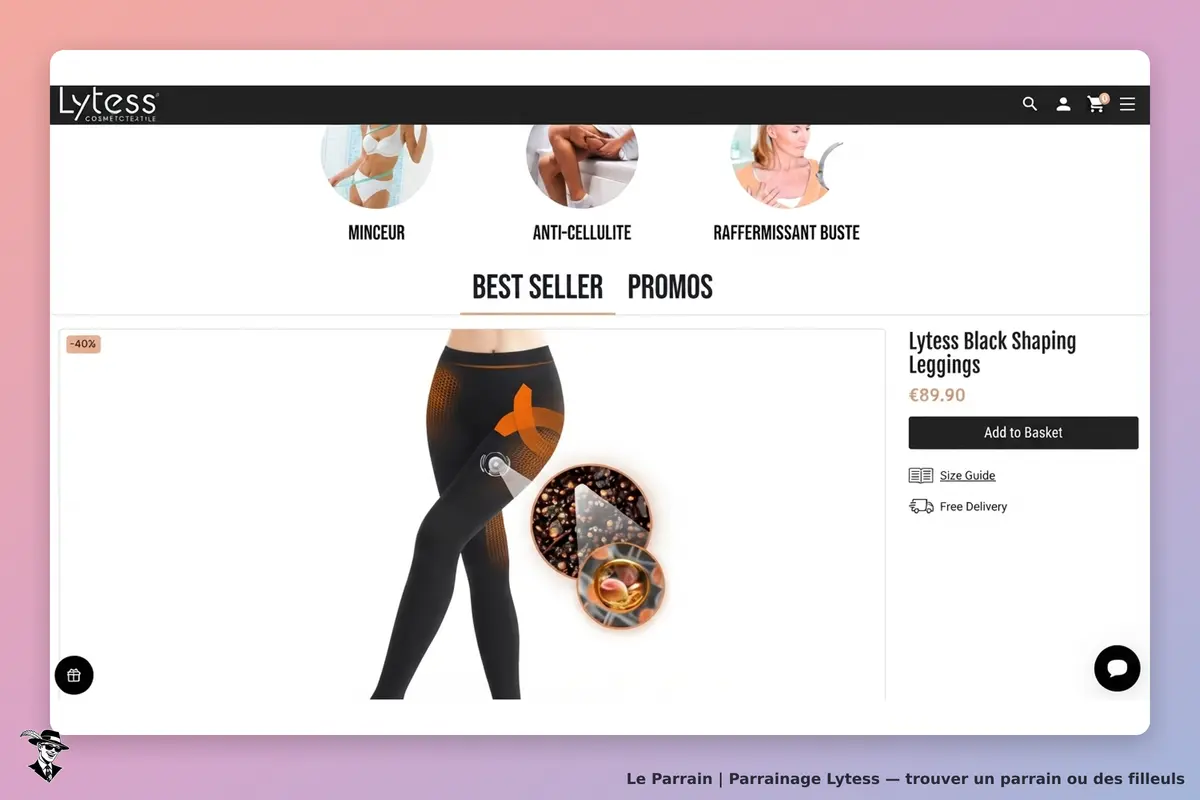 Lytess : leggings sculptants noirs avec éléments graphiques et informations produit affichées