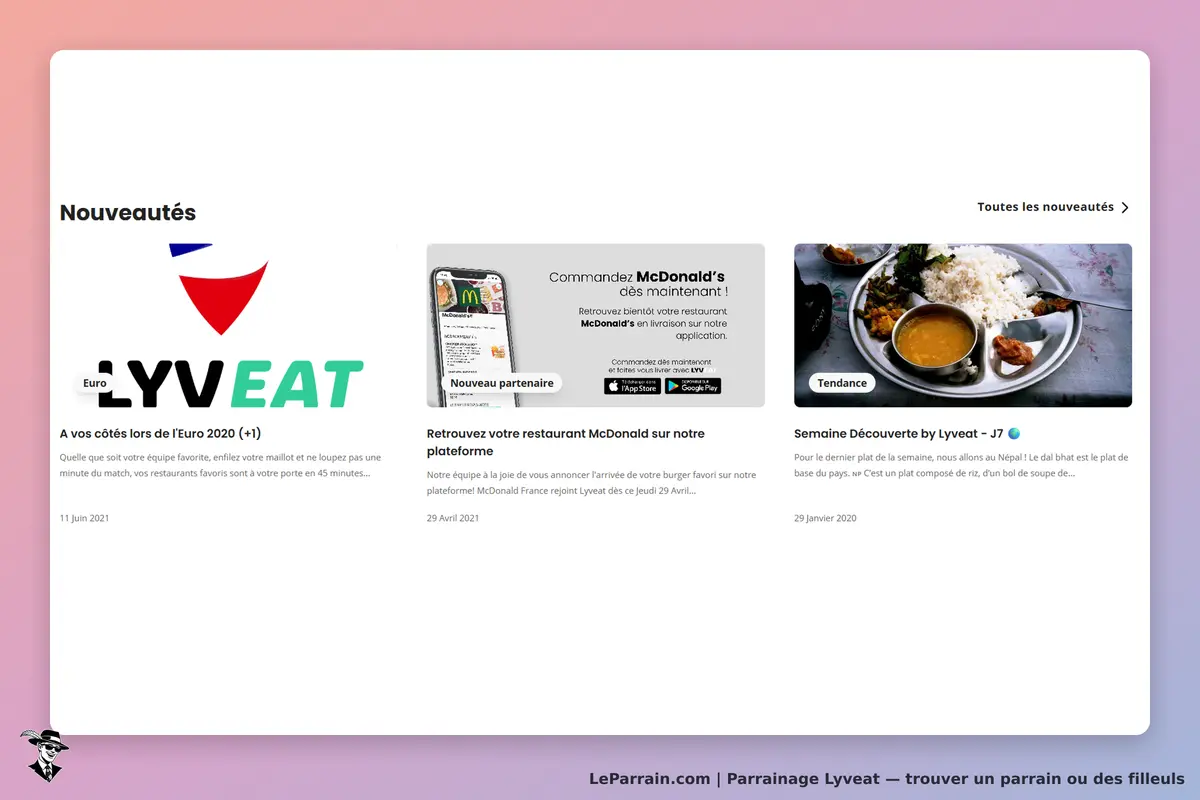 Lyveat : page d'accueil présentant des nouveautés et des partenariats avec des restaurants