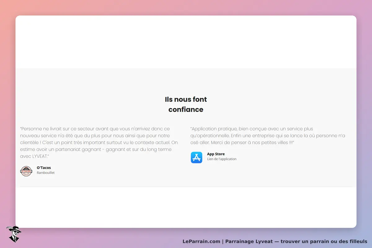 Lyveat : témoignages de clients avec logo O'Tacos et lien vers l'application App Store