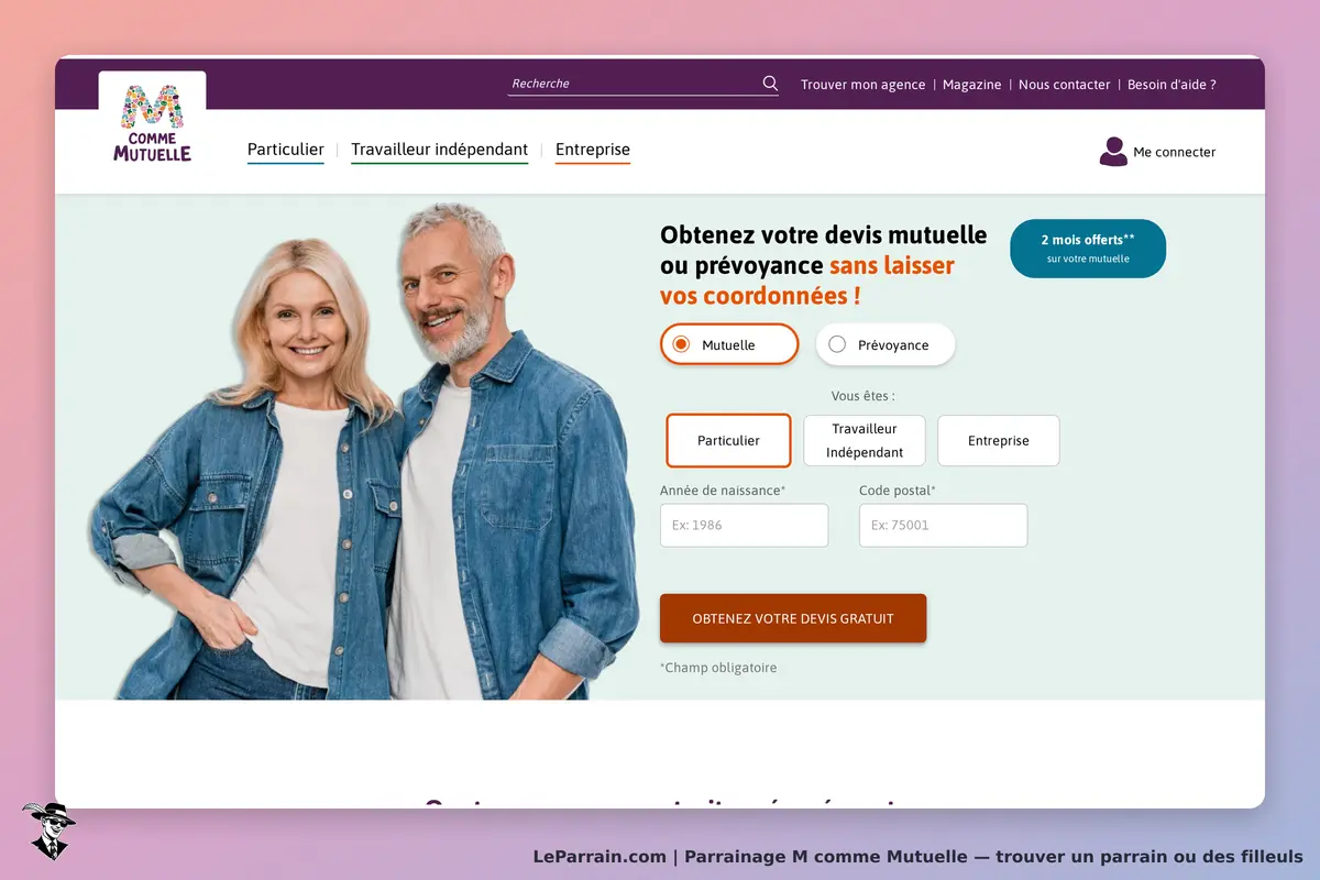 M comme Mutuelle : page d'accueil avec formulaire de devis et couple souriant en arrière-plan