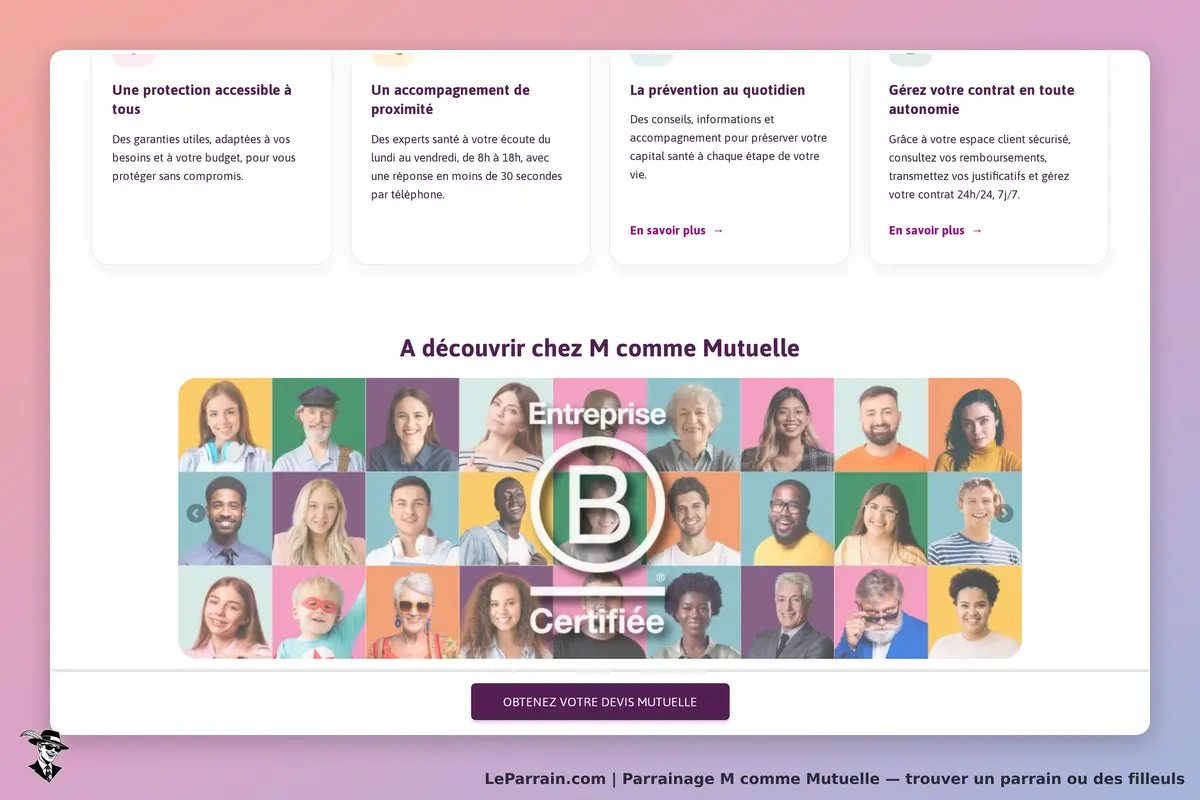M comme Mutuelle : page d'accueil avec des témoignages et une grille de portraits diversifiés