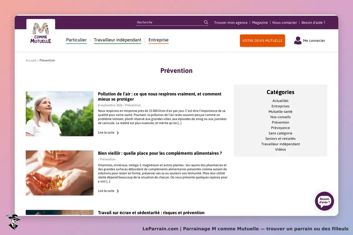 M comme Mutuelle : page d'accueil catégorie Prévention avec articles et liens vers des conseils
