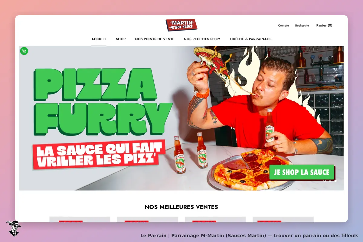 M-Martin (Sauces Martin) : m-Martin : un homme en rouge dégustant une pizza avec des bouteilles de