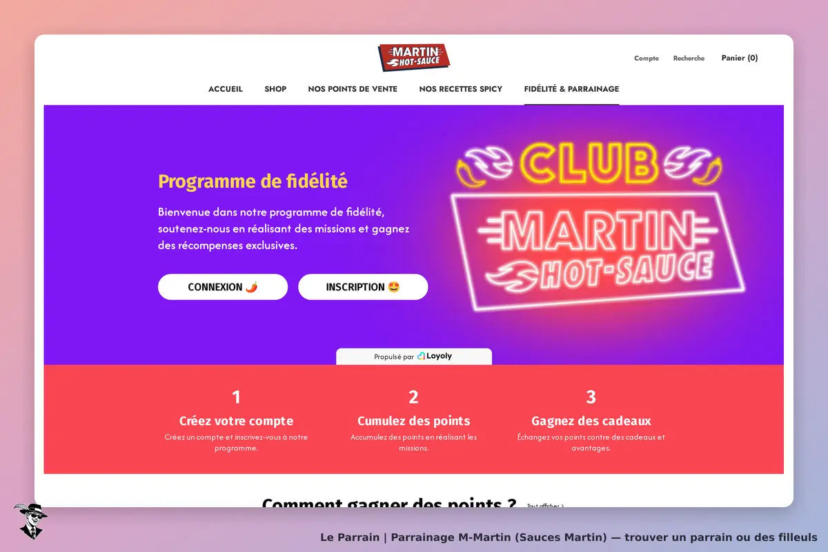 M-Martin (Sauces Martin) : m-Martin : page d'accueil avec programme de fidélité et boutons de