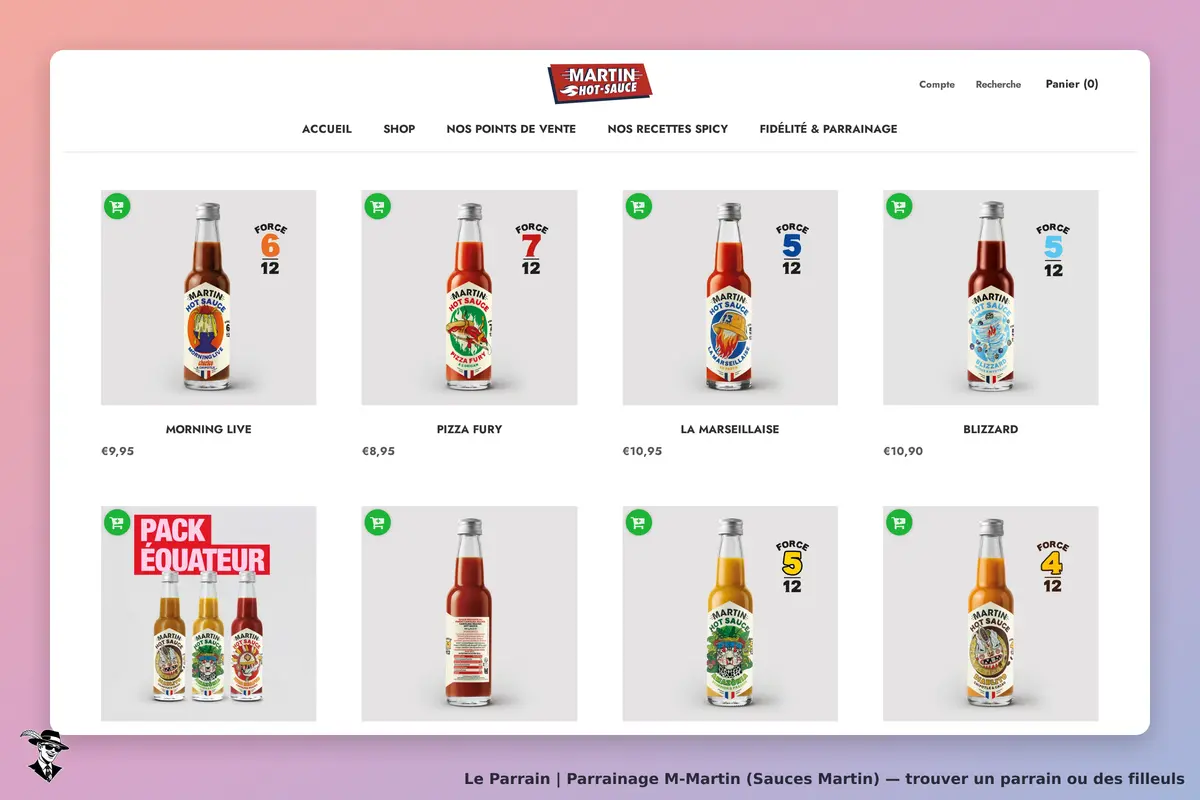 M-Martin (Sauces Martin) : m-Martin : affichage de sauces avec noms, prix et force sur la page