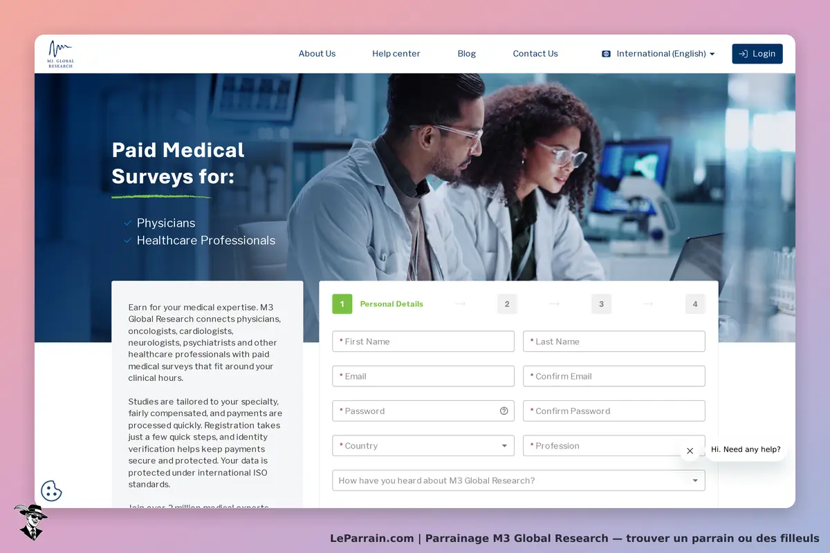 M3 Global Research : page d'accueil avec formulaire d'inscription et professionnels en discussion