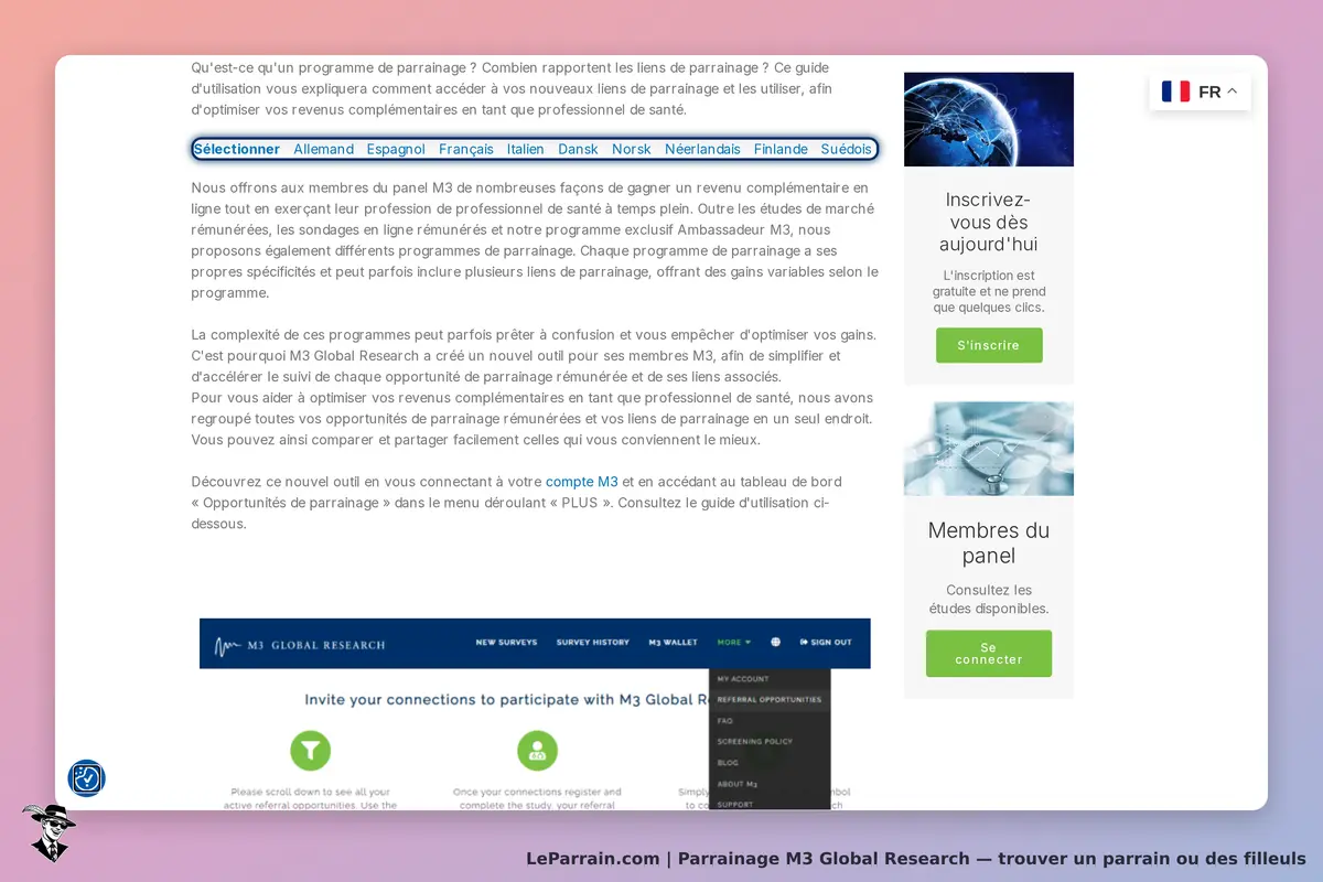 M3 Global Research : explication sur le programme de parrainage et options de langue disponibles