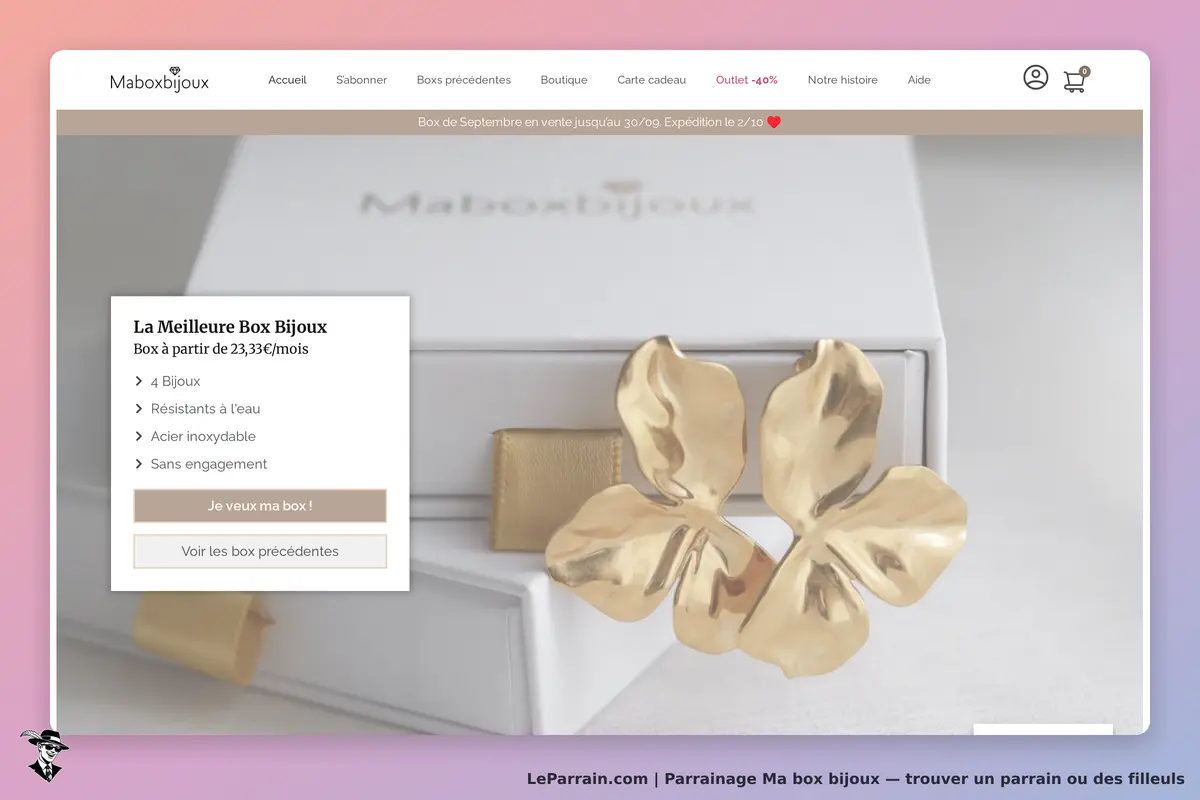 Ma box bijoux : présentation d'une box avec un bijou doré en forme de fleur sur un fond clair