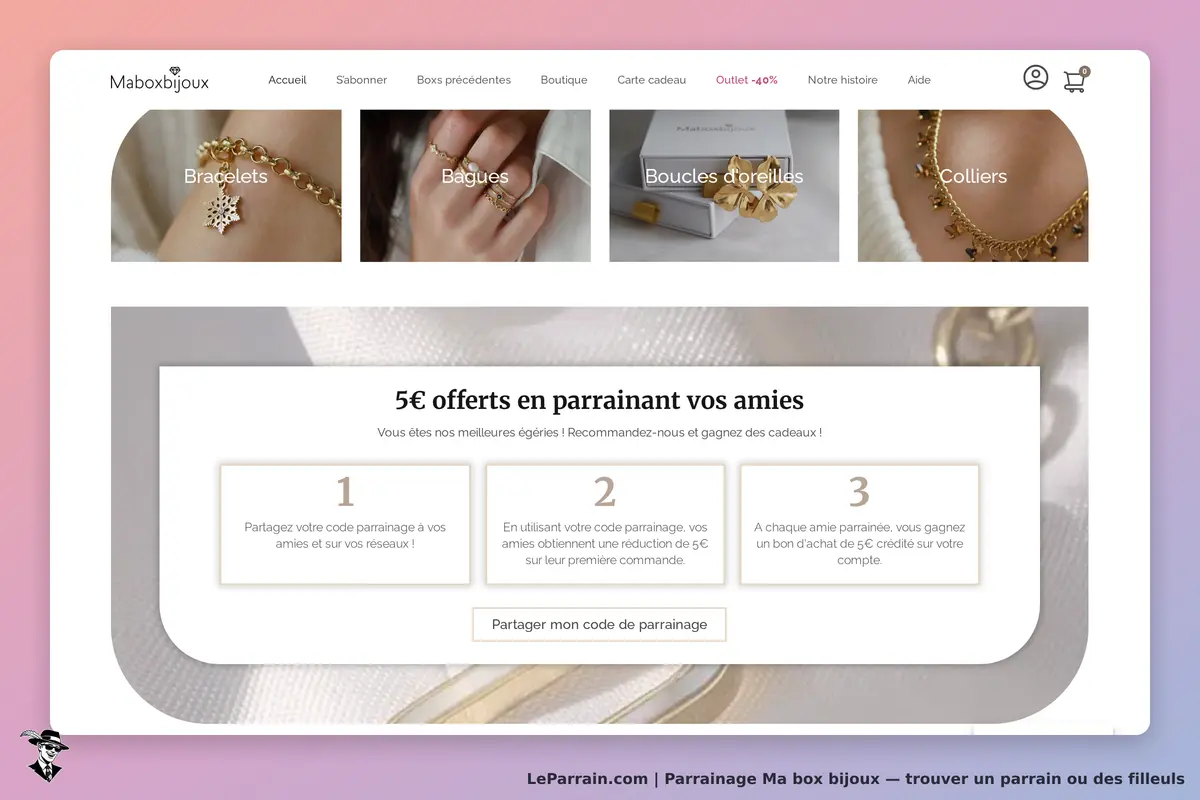 Ma box bijoux : page d'accueil avec des bijoux et un encadré sur le parrainage