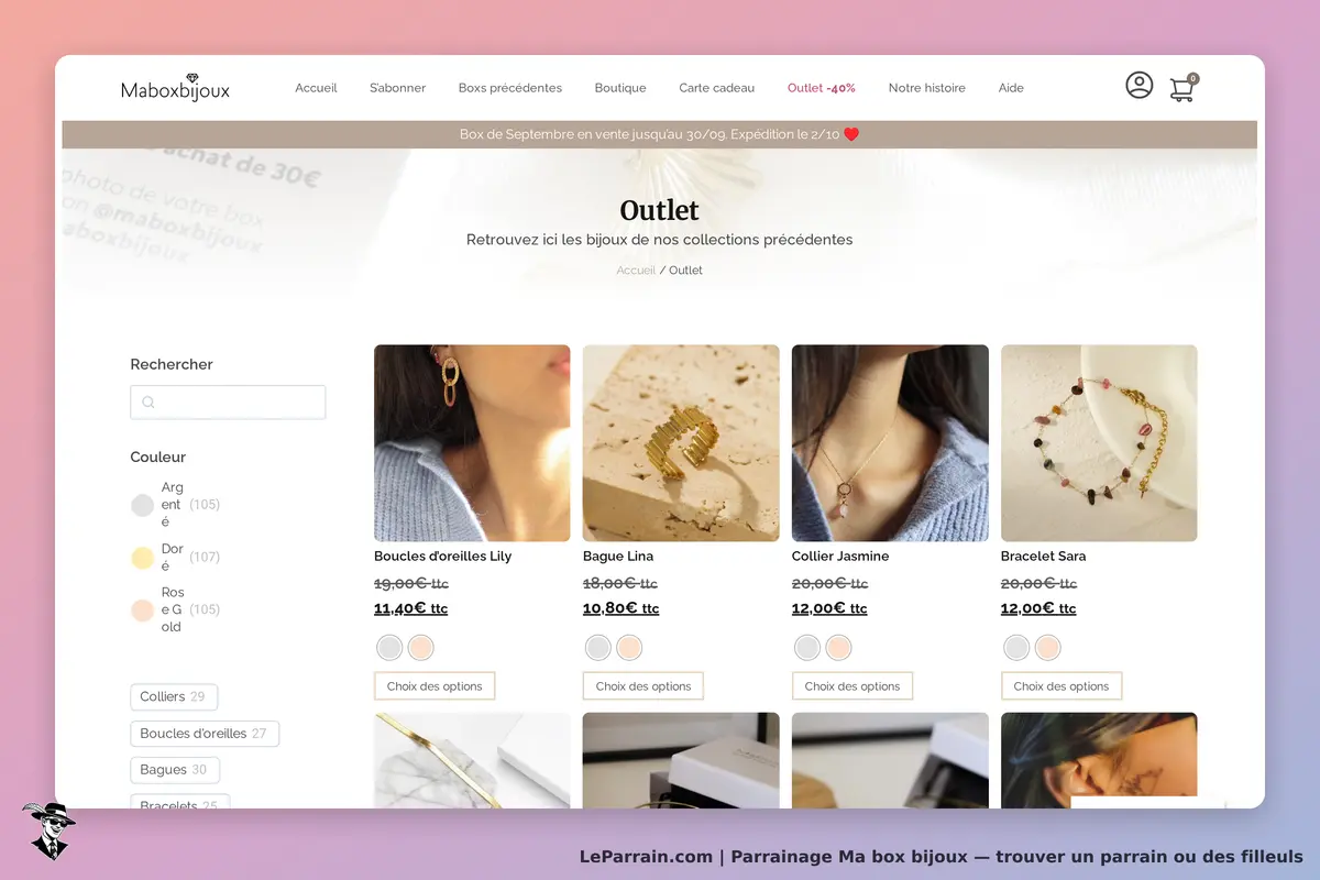 Ma box bijoux : page Outlet avec des bijoux et options de choix affichés