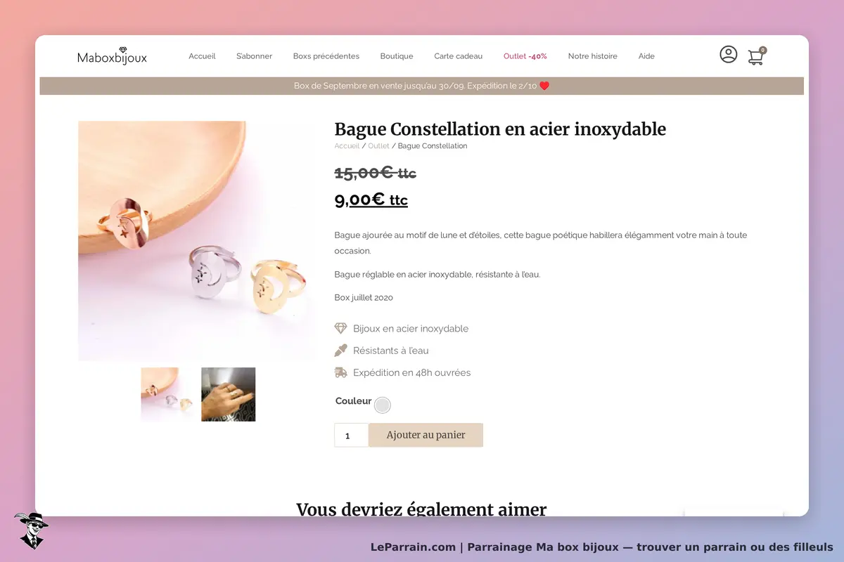 Ma box bijoux : page produit affichant une bague en acier inoxydable avec motif lune et étoiles