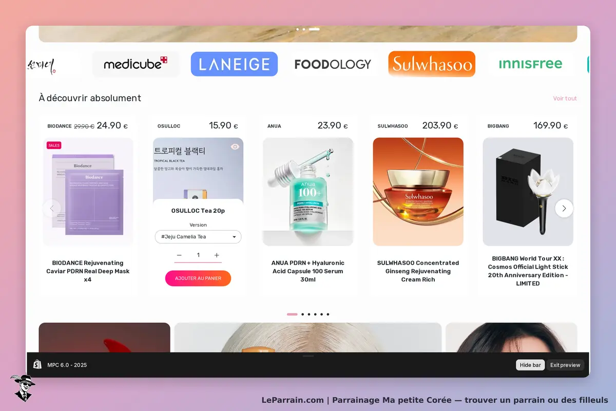 Ma petite Corée : page d'accueil présentant divers produits de beauté et thé coréen