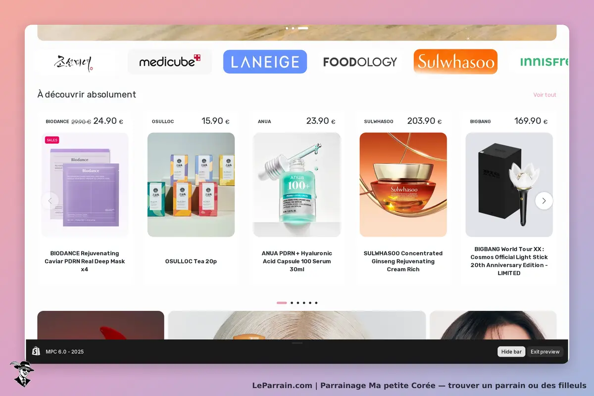 Ma petite Corée : produits de beauté coréens affichés sur la page d'accueil du site
