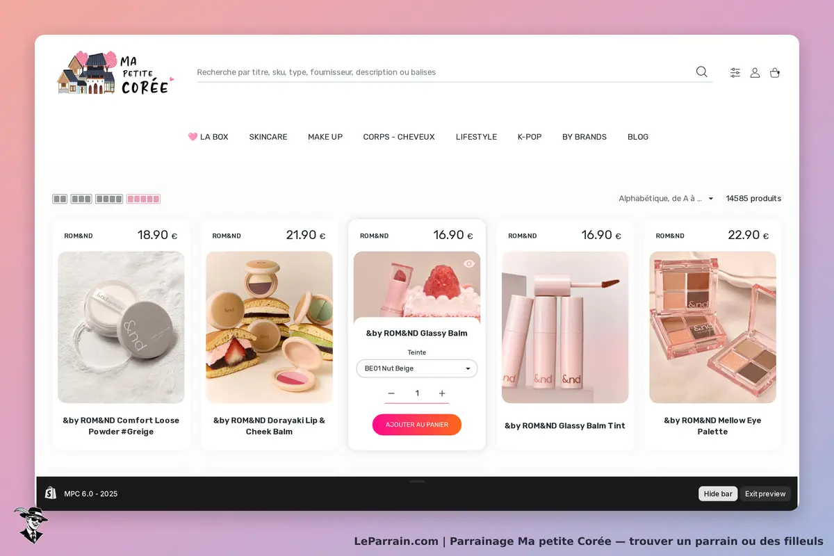 Ma petite Corée : page catégorie avec plusieurs produits de beauté affichés et leurs prix