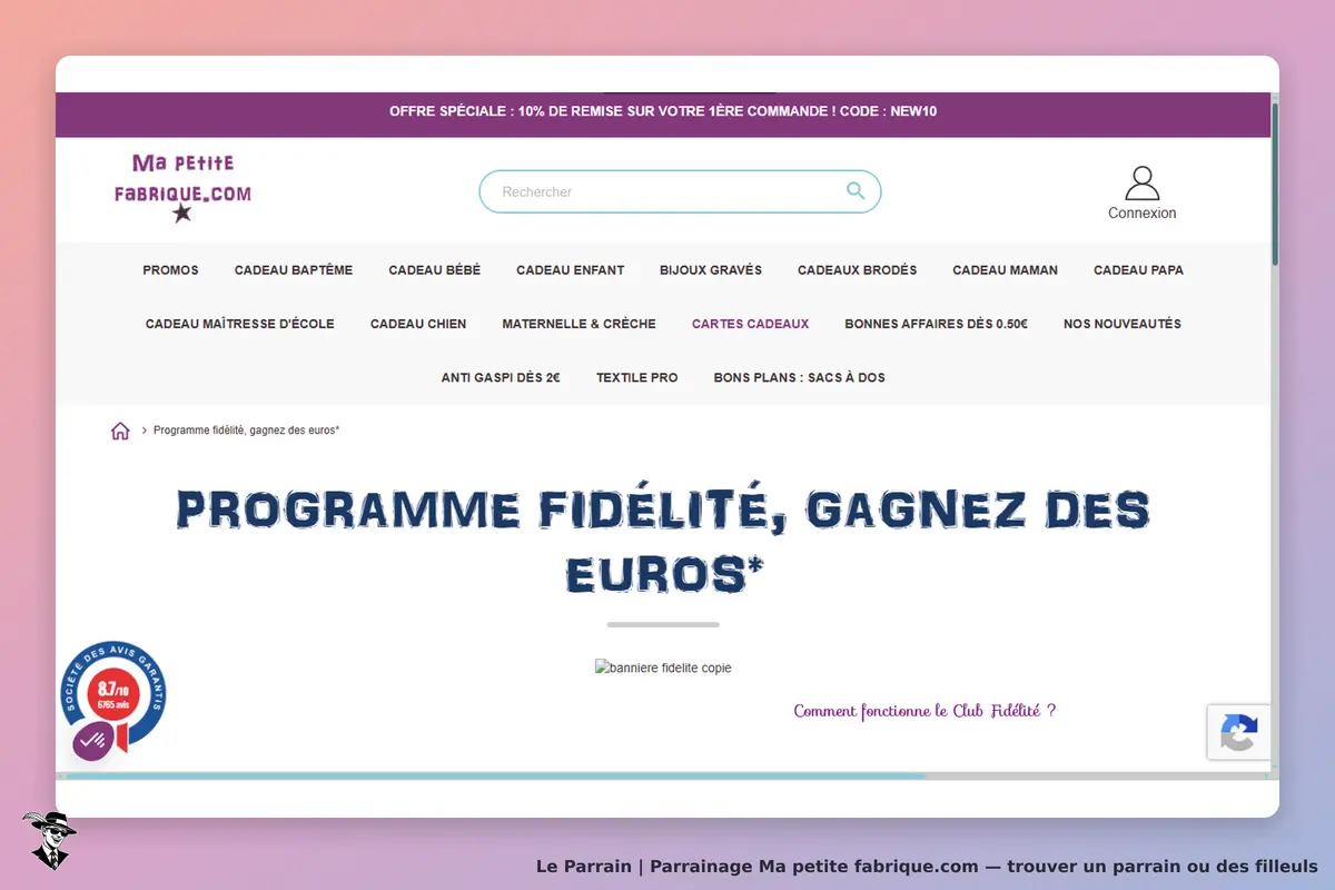 Ma petite fabrique.com : page d'accueil avec un programme fidélité et des catégories de produits