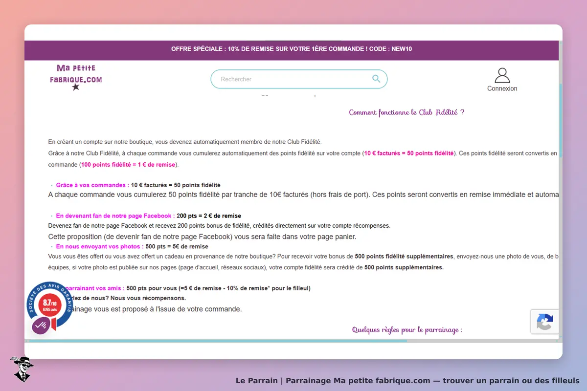 Ma petite fabrique.com : page d'accueil avec informations sur le Club Fidélité et ses avantages