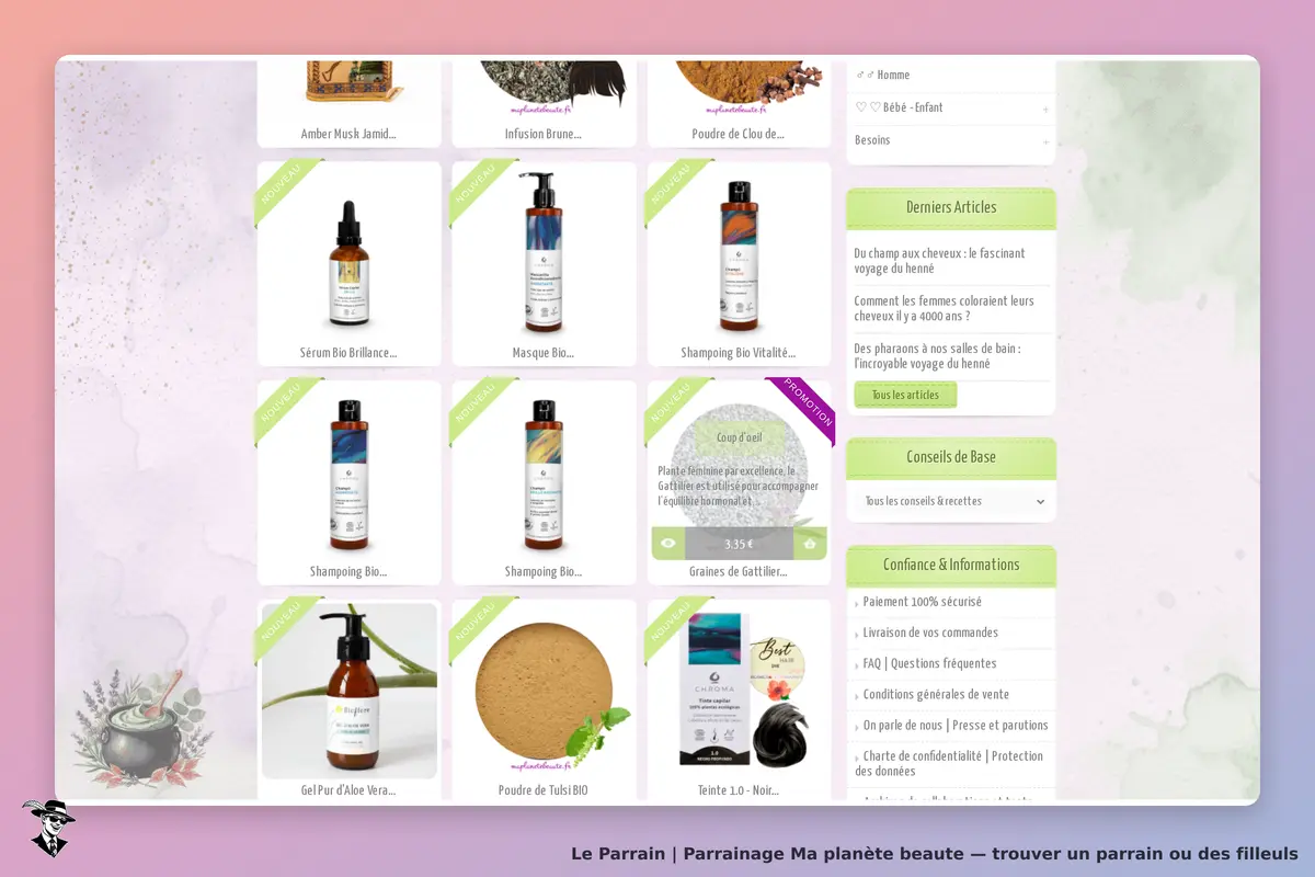 Ma planète beaute : page d'accueil avec produits de beauté bio et articles récents affichés
