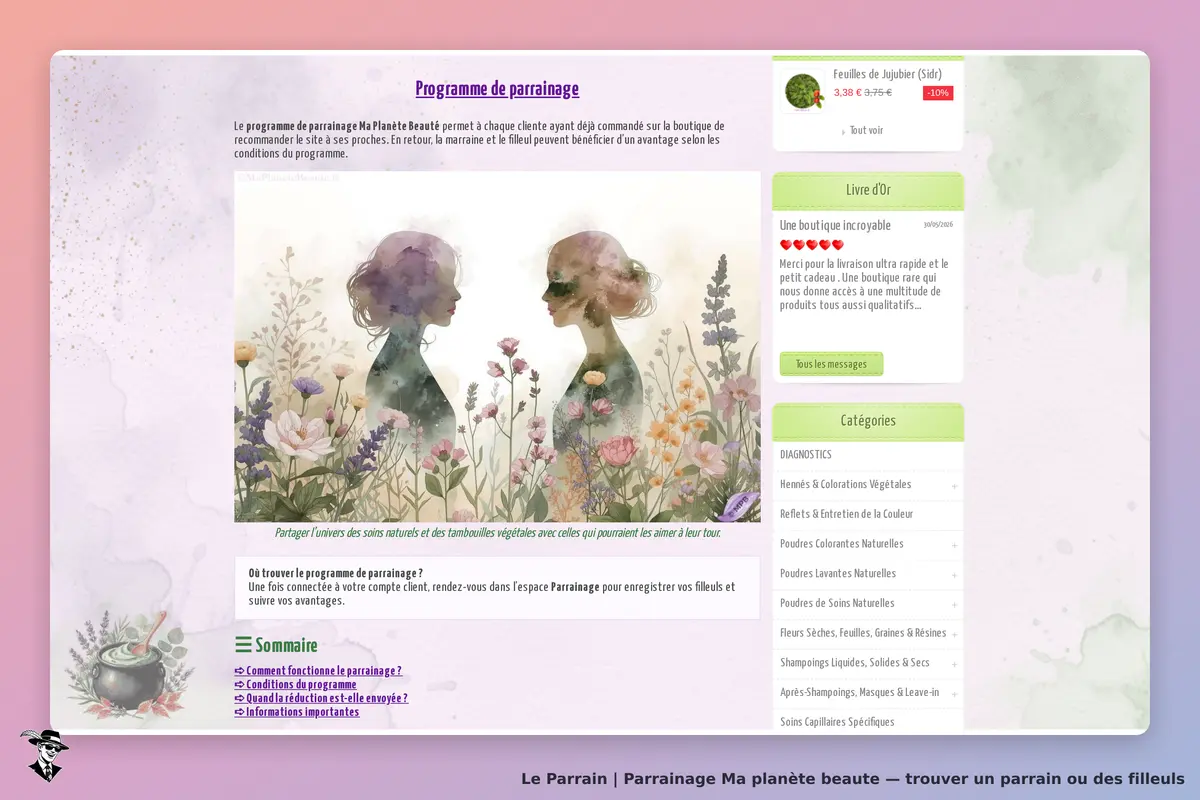 Ma planète beaute : ma planète Beauté : programme de parrainage avec silhouettes et fleurs sur un