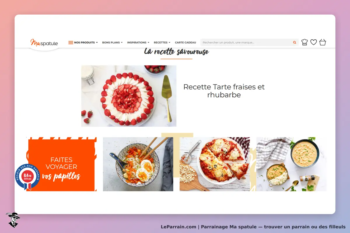 Ma spatule : page d'accueil avec recettes, tarte aux fraises, plats variés et logo de satisfaction